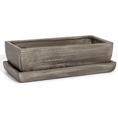 Ecoceramik Pot de Fleur ceramique rectangulaire pour Les Cactus avec Soucoupe Long. 29.5 cm ht 8.5 cm Gris Ecoceramik Pot de Fleur ceramique rectangulaire pour Les Cactus avec Soucoupe Long. 29.5 cm ht 8.5 cm Gris