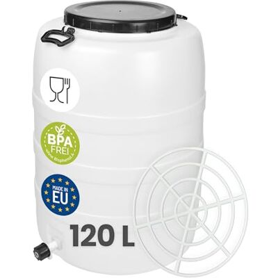 Garronda Fût Alimentaire 120 L robinet + grille de presse Plastique HDPE Tonneau Baril Grande Ouverture pour Eau, Stockage et Fermentation Recupérateur d Eau de Pluie GD-0187 Blanc Garronda Fût Alimentaire 120 L robinet + grille de presse Plastique HDPE Tonneau Baril Grande Ouverture pour Eau, Stockage et Fermentation Recupérateur d Eau de Pluie GD-0187 Blanc