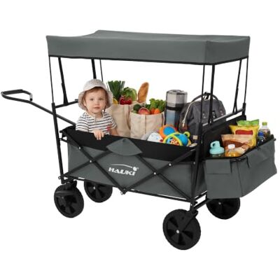 Hauki Chariot de Transport Pliable à Main avec Toit, Gris, Poussette de Plage avec Poches en Filet et Siège à 2 Places, Roulette avec Freins, Pivotante 360°, Charge Max. 80 kg, pour Enfants/Outils Hauki Chariot de Transport Pliable à Main avec Toit, Gris, Poussette de Plage avec Poches en Filet et Siège à 2 Places, Roulette avec Freins, Pivotante 360°, Charge Max. 80 kg, pour Enfants/Outils