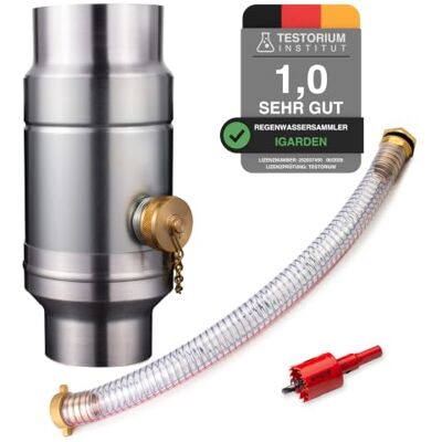 IGarden Collecteur d'eau de pluie de 87 mm avec raccord de tuyau et de tonneau de 45 cm pour le tuyau de descente, tôle d'acier galvanisée + collecteur d'eau en aluminium, construction à double paroi IGarden Collecteur d'eau de pluie de 87 mm avec raccord de tuyau et de tonneau de 45 cm pour le tuyau de descente, tôle d'acier galvanisée + collecteur d'eau en aluminium, construction à double paroi