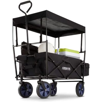 Arebos Chariot pliable de transport à pousser avec toit, pour outils, avec 2 poches filet et une poche extérieure, charge maximale de 70 kg, pneus pleins 360° en caoutchouc, noir Arebos Chariot pliable de transport à pousser avec toit, pour outils, avec 2 poches filet et une poche extérieure, charge maximale de 70 kg, pneus pleins 360° en caoutchouc, noir