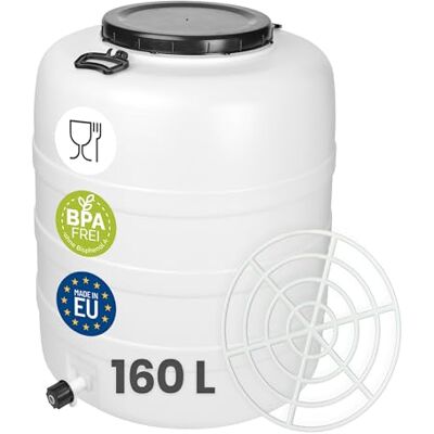 Garronda Fût Alimentaire 160 L robinet + grille de presse Plastique HDPE Tonneau Baril Grande Ouverture pour Eau, Stockage et Fermentation Recupérateur d Eau de Pluie GD-0187 Blanc Garronda Fût Alimentaire 160 L robinet + grille de presse Plastique HDPE Tonneau Baril Grande Ouverture pour Eau, Stockage et Fermentation Recupérateur d Eau de Pluie GD-0187 Blanc