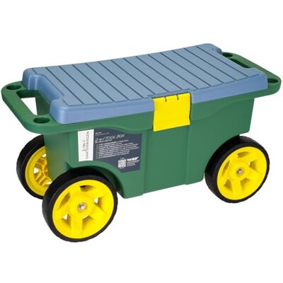 HMF Chariot de jardin 2 en 1 avec siège et espace de rangement, tabouret de jardin avec grandes roulettes, siège roulant pour le jardinage jusqu'à 100 kg, 55 x 26,5 x 29,5 cm, vert HMF Chariot de jardin 2 en 1 avec siège et espace de rangement, tabouret de jardin avec grandes roulettes, siège roulant pour le jardinage jusqu'à 100 kg, 55 x 26,5 x 29,5 cm, vert