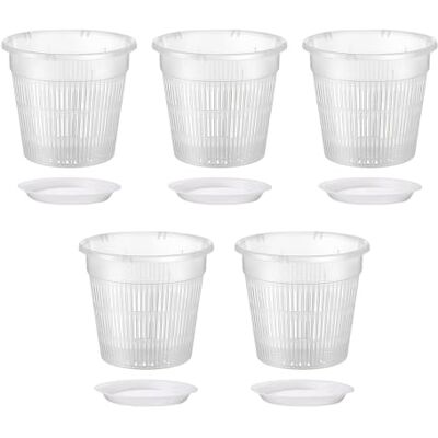 ALI2 Lot de 5 pots à orchidées, ronds, transparents, avec plateau, respirants, en polypropylène de qualité supérieure, 14 x 12,5 x 12 cm, idéaux pour les orchidées, les phalaenopsis, les plantes ALI2 Lot de 5 pots à orchidées, ronds, transparents, avec plateau, respirants, en polypropylène de qualité supérieure, 14 x 12,5 x 12 cm, idéaux pour les orchidées, les phalaenopsis, les plantes