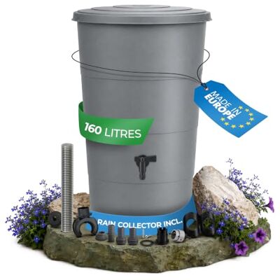 YourCasa Récupérateur d'eau de pluie 160 l, kit de raccordement, résistant aux intempéries, en plastique, robinet, jardin, gris YourCasa Récupérateur d'eau de pluie 160 l, kit de raccordement, résistant aux intempéries, en plastique, robinet, jardin, gris