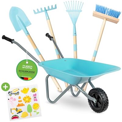 PHIBER-SPORTS Brouette Pour Enfants En Métal Avec Outils De Jardin : Pelle, Balai, Râteau Pour Enfants, Râteau À Feuilles + Autocollants PHIBER-SPORTS Brouette Pour Enfants En Métal Avec Outils De Jardin : Pelle, Balai, Râteau Pour Enfants, Râteau À Feuilles + Autocollants
