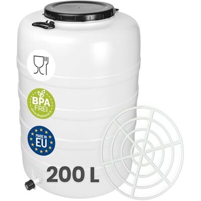 Garronda Fût Alimentaire 200 L robinet + grille de presse Plastique HDPE Tonneau Baril Grande Ouverture pour Eau, Stockage et Fermentation Recupérateur d Eau de Pluie GD-0187 Blanc Garronda Fût Alimentaire 200 L robinet + grille de presse Plastique HDPE Tonneau Baril Grande Ouverture pour Eau, Stockage et Fermentation Recupérateur d Eau de Pluie GD-0187 Blanc