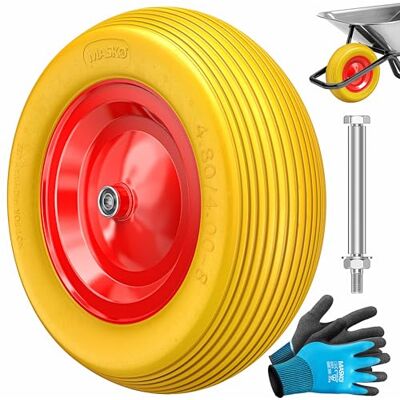 Masko Roue de brouette PU en caoutchouc plein 200 kg 4,80/4,00-8 Ø 390 mm incl. essieu de remplacement jante en acier Pneu increvable pour brouette Masko Roue de brouette PU en caoutchouc plein 200 kg 4,80/4,00-8 Ø 390 mm incl. essieu de remplacement jante en acier Pneu increvable pour brouette