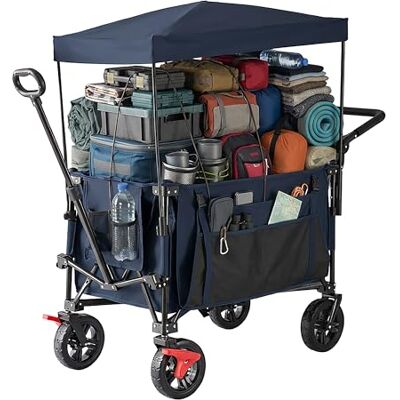 Relaxdays Chariot de transport pliable 150 kg, toit télescopique et poignée coulissante, pneus en caoutchouc avec frein, chariot de transport, bleu Relaxdays Chariot de transport pliable 150 kg, toit télescopique et poignée coulissante, pneus en caoutchouc avec frein, chariot de transport, bleu