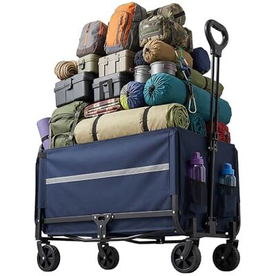 Relaxdays Chariot pliable 150 kg avec poignée télescopique, hayon, bâche de pluie, chariot de transport, chariot de courses, camping, bleu Relaxdays Chariot pliable 150 kg avec poignée télescopique, hayon, bâche de pluie, chariot de transport, chariot de courses, camping, bleu