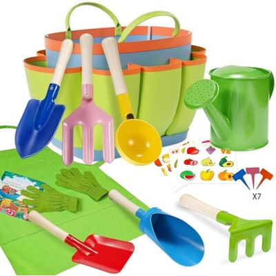 KAHEIGN Lot de 12 outils de jardinage pour enfants, cuillère, fourchette, truelle, râteau, pelle cylindrique avec sac fourre-tout, arrosoir, gants, tablier, étiquettes de plantes, autocollants pour KAHEIGN Lot de 12 outils de jardinage pour enfants, cuillère, fourchette, truelle, râteau, pelle cylindrique avec sac fourre-tout, arrosoir, gants, tablier, étiquettes de plantes, autocollants pour