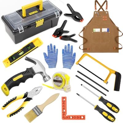 QeeHeng Kit Outils Vrais pour Enfants Bricolage de 6 Ans, Boîte à Outils, Tablier, Marteau, Pinces, Tournevis, scie à main, Menuiserie DIY Loisirs Créatifs STEM, Cadeau Garçon Fille QeeHeng Kit Outils Vrais pour Enfants Bricolage de 6 Ans, Boîte à Outils, Tablier, Marteau, Pinces, Tournevis, scie à main, Menuiserie DIY Loisirs Créatifs STEM, Cadeau Garçon Fille