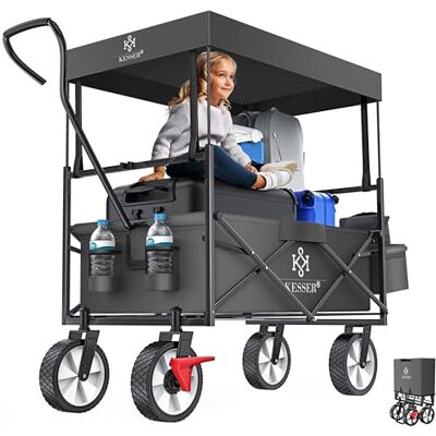 KESSER Chariot de transport pliable avec toit, roues avant pivotantes à 360°, frein avant et pneus en caoutchouc plein avec sac extérieur XXL, 2 poches en filet et housse KESSER Chariot de transport pliable avec toit, roues avant pivotantes à 360°, frein avant et pneus en caoutchouc plein avec sac extérieur XXL, 2 poches en filet et housse