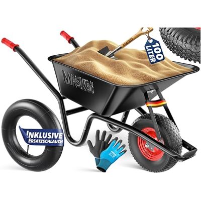 Masko ® Brouette de construction, brouette de jardin, 100 l, 250 kg, pneus pneumatiques avec jante en acier + tuyau de rechange, cadre en acier galvanisé, chariot de jardin, chariot de transport, gants Masko ® Brouette de construction, brouette de jardin, 100 l, 250 kg, pneus pneumatiques avec jante en acier + tuyau de rechange, cadre en acier galvanisé, chariot de jardin, chariot de transport, gants