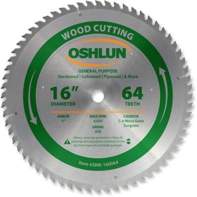 Oshlun SBW-160064 Lame de scie à usage général ATB 64 dents 40,6 cm avec arbre de 2,5 cm Oshlun SBW-160064 Lame de scie à usage général ATB 64 dents 40,6 cm avec arbre de 2,5 cm