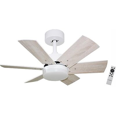 Bastilipo CALA BLANCA DC Ventilateur de plafond avec moteur DC, télécommande, 75cm Ø, 6 pales Blanc/chêne, lumière LED 3 tons, châssis nickel Bastilipo CALA BLANCA DC Ventilateur de plafond avec moteur DC, télécommande, 75cm Ø, 6 pales Blanc/chêne, lumière LED 3 tons, châssis nickel