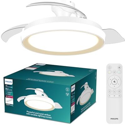 Philips Bliss Ventilateur de Plafond avec Pales Rétractables et LED, 3 Pales, Envergure 106 cm, 4500 Lumens, Lumière Blanche Ajustable 3000 à 6500 K, Variable jusqu'à 5%, avec Télécommande, Or Philips Bliss Ventilateur de Plafond avec Pales Rétractables et LED, 3 Pales, Envergure 106 cm, 4500 Lumens, Lumière Blanche Ajustable 3000 à 6500 K, Variable jusqu'à 5%, avec Télécommande, Or