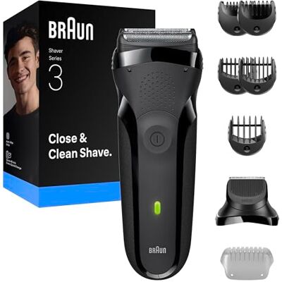 Braun Rasoir électrique série 3, 3 lames flexibles, accessoire tondeuse à barbe, + 5 peignes, rasoir sec pour homme, conçu en Allemagne, 300BT, gris Braun Rasoir électrique série 3, 3 lames flexibles, accessoire tondeuse à barbe, + 5 peignes, rasoir sec pour homme, conçu en Allemagne, 300BT, gris