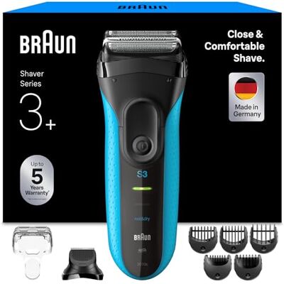 Braun Rasoir électrique Series 3+, 3 lames flexibles, micro-peigne efficace, accessoire tondeuse à barbe, + 5 peignes, rasoir humide et sec pour homme, fabriqué en Allemagne, 3010BT, bleu Braun Rasoir électrique Series 3+, 3 lames flexibles, micro-peigne efficace, accessoire tondeuse à barbe, + 5 peignes, rasoir humide et sec pour homme, fabriqué en Allemagne, 3010BT, bleu