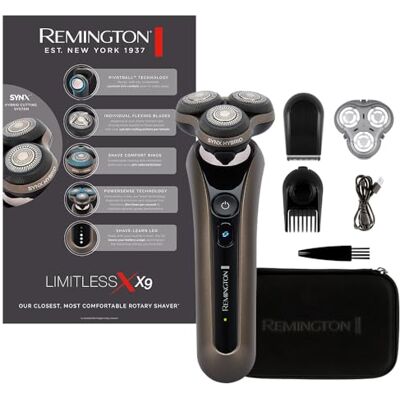 Remington Rasoir rotatif X9 (système de coupe hybride SynX: rotatif & grille, rasage humide & sec, tondeuse précision, lames flexibles, pivotball 360°, mode turbo, Techn, Shave-Learn, USB) XR1795 Remington Rasoir rotatif X9 (système de coupe hybride SynX: rotatif & grille, rasage humide & sec, tondeuse précision, lames flexibles, pivotball 360°, mode turbo, Techn, Shave-Learn, USB) XR1795