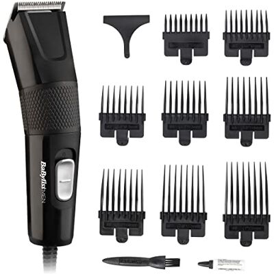 BaByliss 7755U Tondeuse à cheveux pour homme, lames tranchantes en acier inoxydable, 8 guides de peigne, alimentation secteur, coiffures à la maison, peigne inclus, lisse et précis, noir BaByliss 7755U Tondeuse à cheveux pour homme, lames tranchantes en acier inoxydable, 8 guides de peigne, alimentation secteur, coiffures à la maison, peigne inclus, lisse et précis, noir
