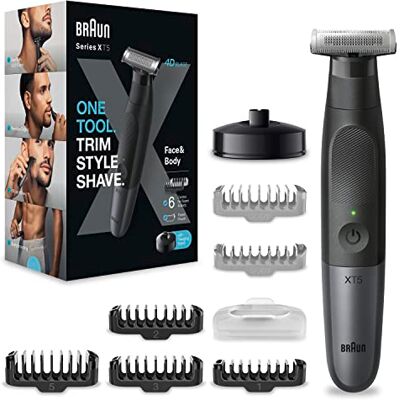 Braun Tondeuse à barbe Series X Tondeuse à cheveux pour homme pour visage et corps, rasoir, peigne bidirectionnel, tête flexible résistante à l'eau, XT5300 Noir Braun Tondeuse à barbe Series X Tondeuse à cheveux pour homme pour visage et corps, rasoir, peigne bidirectionnel, tête flexible résistante à l'eau, XT5300 Noir
