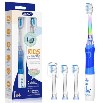 seago Brosse à dents électrique pour enfants à partir de 3 à 12 ans, avec lumière colorée, minuterie intelligente, 4 têtes de brosse souples, étanche, brosse à dents sonique pour filles et garçons SG seago Brosse à dents électrique pour enfants à partir de 3 à 12 ans, avec lumière colorée, minuterie intelligente, 4 têtes de brosse souples, étanche, brosse à dents sonique pour filles et garçons SG