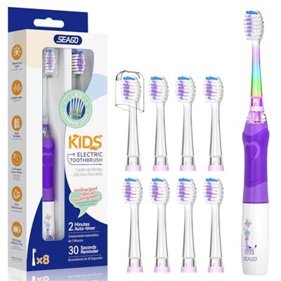 seago Brosse à dents électrique, pour enfants de 3 à 12 ans, avec lumière colorée, minuteur, 8 têtes de brosse souples, étanche, SG977, violet-8-DE seago Brosse à dents électrique, pour enfants de 3 à 12 ans, avec lumière colorée, minuteur, 8 têtes de brosse souples, étanche, SG977, violet-8-DE