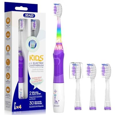 seago Brosse à Dents pour Enfants avec Lumière Colorée et 4 Têtes de Extra Douces, Minuterie de 2 Minutes, Convient aux Enfants de Plus de 3 Ans, étanche IPX7,SG977 (Violet, s) seago Brosse à Dents pour Enfants avec Lumière Colorée et 4 Têtes de Extra Douces, Minuterie de 2 Minutes, Convient aux Enfants de Plus de 3 Ans, étanche IPX7,SG977 (Violet, s)