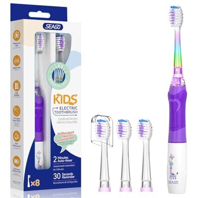 seago Brosse à dents électrique, pour enfants de 3 à 12 ans, avec lumière colorée, minuteur intelligent, 4 têtes de brosse souples, étanche, pour filles, garçons SG-977 (violet-DE) seago Brosse à dents électrique, pour enfants de 3 à 12 ans, avec lumière colorée, minuteur intelligent, 4 têtes de brosse souples, étanche, pour filles, garçons SG-977 (violet-DE)