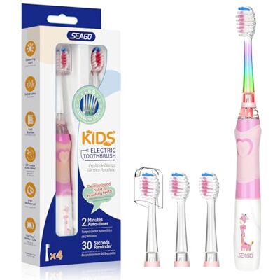 seago SG-977 Brosse À Dents Électrique pour Enfants de 3 à 12 Ans avec Lumière Colorée et Minuteur de Brossage et 4 Têtes de Brosse Souple pour Junior Garçons et Filles (Rose) seago SG-977 Brosse À Dents Électrique pour Enfants de 3 à 12 Ans avec Lumière Colorée et Minuteur de Brossage et 4 Têtes de Brosse Souple pour Junior Garçons et Filles (Rose)