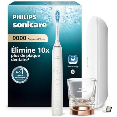 Philips Sonicare DiamondClean 9000 Brosse à dents électrique, 4 modes de brossage, 3 niveaux d'intensité, Capteur de pression, Connecté à l’application, étui de voyage USB, or rose, HX9911/94 Philips Sonicare DiamondClean 9000 Brosse à dents électrique, 4 modes de brossage, 3 niveaux d'intensité, Capteur de pression, Connecté à l’application, étui de voyage USB, or rose, HX9911/94