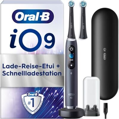 Oral-B iO Series 9 Brosse à dents électrique, 2 brossettes, 7 modes de brossage, technologie magnétique, écran couleur, étui de voyage, noir onyx Oral-B iO Series 9 Brosse à dents électrique, 2 brossettes, 7 modes de brossage, technologie magnétique, écran couleur, étui de voyage, noir onyx