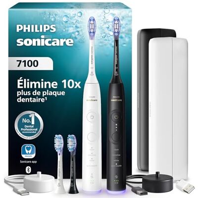 Philips Brosse à dents électrique Sonicare série 7100 – Nouvelle génération, capteur de pression, 12 réglages, autonomie 21 j, étui de voyage avec chargeur, blanc et noir, pack de 2, modèle HX7429/04 Philips Brosse à dents électrique Sonicare série 7100 – Nouvelle génération, capteur de pression, 12 réglages, autonomie 21 j, étui de voyage avec chargeur, blanc et noir, pack de 2, modèle HX7429/04