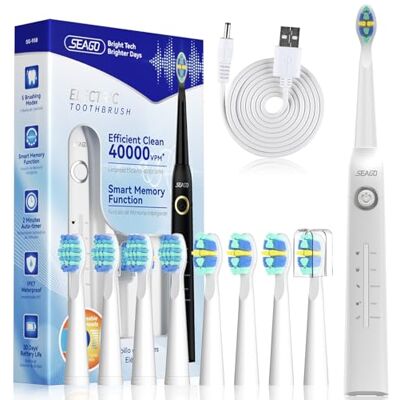 seago Brosse à Dents électrique avec 8 Têtes, Rechargeable et IPX7, 5 Modes de Nettoyage avec Blanchiment des Dents, Brosse a Dent Electric Soniques Adultes de Minuterie, Cadeau pour la Famille,Blanc seago Brosse à Dents électrique avec 8 Têtes, Rechargeable et IPX7, 5 Modes de Nettoyage avec Blanchiment des Dents, Brosse a Dent Electric Soniques Adultes de Minuterie, Cadeau pour la Famille,Blanc