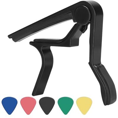 OOTDAY Capodastre Guitare, Capo noir pour guitare acoustique 6 cordes avec 5 plectres gratuits, design en alliage d'aluminium avec coussin en silicone, pour guitare électrique, basse, mandoline OOTDAY Capodastre Guitare, Capo noir pour guitare acoustique 6 cordes avec 5 plectres gratuits, design en alliage d'aluminium avec coussin en silicone, pour guitare électrique, basse, mandoline