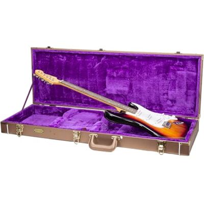 Crossrock Étui rectangulaire en bois pour guitare électrique Fender Stratocaster et Telecaster Finition marron chocolat, intérieur en velours violet, serrure – Série Designer (CRW520ECB) Crossrock Étui rectangulaire en bois pour guitare électrique Fender Stratocaster et Telecaster Finition marron chocolat, intérieur en velours violet, serrure – Série Designer (CRW520ECB)