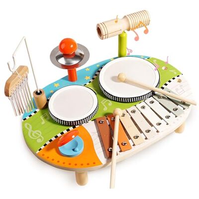 Kingbar Kit de batterie en bois pour enfants, instruments de percussion musicale 6 en 1, jouets, table de musique, carillons à vent pour bébé, Xylophone, castagnettes, jouets éducatifs sensoriels Kingbar Kit de batterie en bois pour enfants, instruments de percussion musicale 6 en 1, jouets, table de musique, carillons à vent pour bébé, Xylophone, castagnettes, jouets éducatifs sensoriels