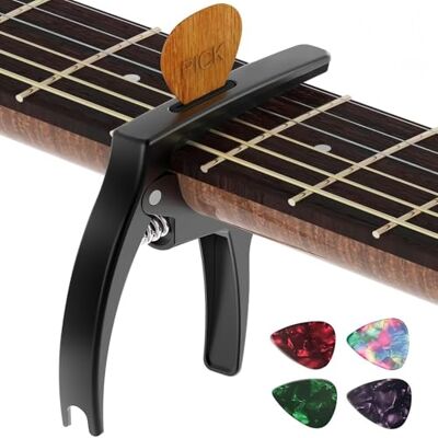 TANMUS Capodastre 3 en 1 pour guitares acoustiques et électriques (avec support de médiator et 4 médiators), accessoires pour ukulélé (noir) TANMUS Capodastre 3 en 1 pour guitares acoustiques et électriques (avec support de médiator et 4 médiators), accessoires pour ukulélé (noir)