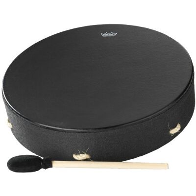 REMO World Percussion Buffalo Drum 16" x 3,5" Cadre Acousticon, Peau Bahia Bass, Croix de maintien en corde, pré-accordée, incl. batte, noir E1-1316-BE REMO World Percussion Buffalo Drum 16" x 3,5" Cadre Acousticon, Peau Bahia Bass, Croix de maintien en corde, pré-accordée, incl. batte, noir E1-1316-BE