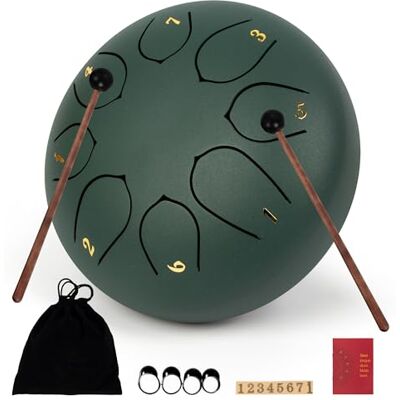 LOMUTY Tambour à langue en acier, 15 cm, 15 cm, drum C 8 notes, Tambour à main HandPan avec baguettes et sac de transport (vert) LOMUTY Tambour à langue en acier, 15 cm, 15 cm, drum C 8 notes, Tambour à main HandPan avec baguettes et sac de transport (vert)