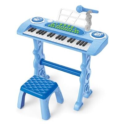 Baroni Toys Clavier électronique avec tabouret pour enfants de 3 ans et plus avec microphone, piano musical avec mélodies et sons éducatifs, clavier 37 touches avec chaise bleue, 48 x 20 x 53 cm Baroni Toys Clavier électronique avec tabouret pour enfants de 3 ans et plus avec microphone, piano musical avec mélodies et sons éducatifs, clavier 37 touches avec chaise bleue, 48 x 20 x 53 cm