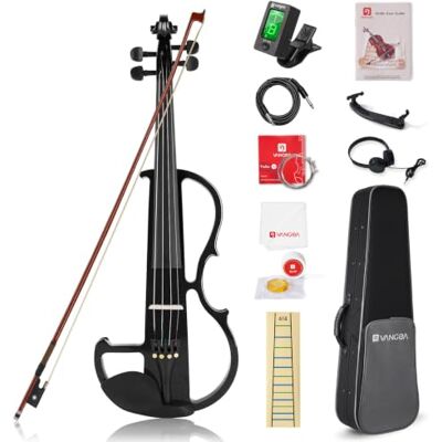 Vangoa 4/4 Électrique Violon Pleine Grandeur Silencieux pour Débutant Adulte, Bois d'Érable Massif, avec Kits Débutants, Noir Vangoa 4/4 Électrique Violon Pleine Grandeur Silencieux pour Débutant Adulte, Bois d'Érable Massif, avec Kits Débutants, Noir