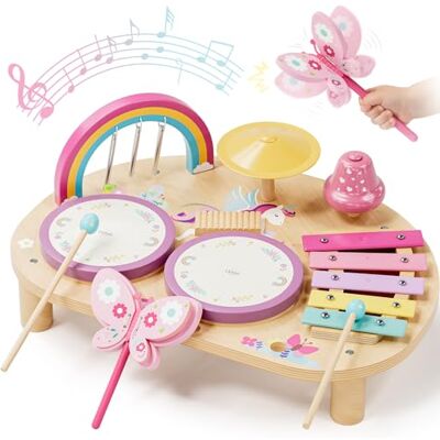Lehoo Castle Montessori Ensemble de batterie en bois pour enfants à partir de 2 à 3 ans, instruments de musique pour enfants avec tambour xylophone, jouet musical pour bébés d'âge préscolaire, jouet Lehoo Castle Montessori Ensemble de batterie en bois pour enfants à partir de 2 à 3 ans, instruments de musique pour enfants avec tambour xylophone, jouet musical pour bébés d'âge préscolaire, jouet