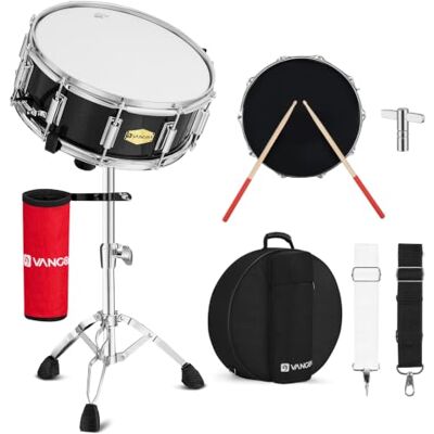 Vangoa Ensemble de caisse claire pour étudiant avec support, coussinet de sourdine de batterie, baguettes de batterie 5A, clés de batterie, baguettes, 35,6 x 14 cm, noir Vangoa Ensemble de caisse claire pour étudiant avec support, coussinet de sourdine de batterie, baguettes de batterie 5A, clés de batterie, baguettes, 35,6 x 14 cm, noir