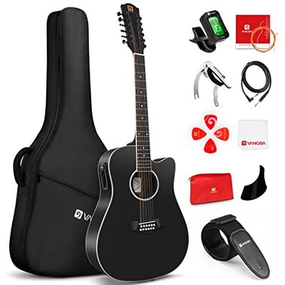 Vangoa Guitare électro-acoustique à 12 cordes pour débutants, intermédiaires, adolescents à pan coupé Table en épicéa 104,1 cm Pour droitier Noir mat Vangoa Guitare électro-acoustique à 12 cordes pour débutants, intermédiaires, adolescents à pan coupé Table en épicéa 104,1 cm Pour droitier Noir mat