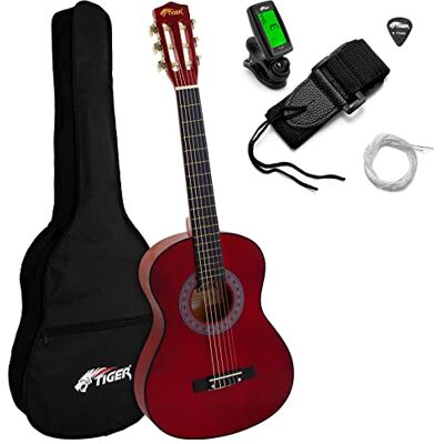 Tiger Guitare classique Rouge Taille 3/4 avec accordeur, sac, médiators et sangle Âge 9-11 Tiger Guitare classique Rouge Taille 3/4 avec accordeur, sac, médiators et sangle Âge 9-11