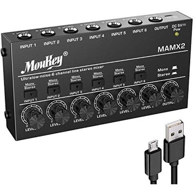 Moukey Table de mixage DJ 6 canaux Table de mixage portable 6 mini mixeurs audio stéréo CC 5 V pour petits clubs bars guitare, basse clavier et mixeur de scène, ultra faible bruit MAMX2 Moukey Table de mixage DJ 6 canaux Table de mixage portable 6 mini mixeurs audio stéréo CC 5 V pour petits clubs bars guitare, basse clavier et mixeur de scène, ultra faible bruit MAMX2