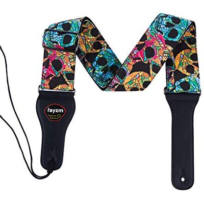 Rayzm Sangle de guitare / basse en coton pour guitare acoustique/électrique/basse avec poche pour médiator et crâne cool, longueur réglable, 6,5 cm, super large pour adultes pour jouer confortablement Rayzm Sangle de guitare / basse en coton pour guitare acoustique/électrique/basse avec poche pour médiator et crâne cool, longueur réglable, 6,5 cm, super large pour adultes pour jouer confortablement