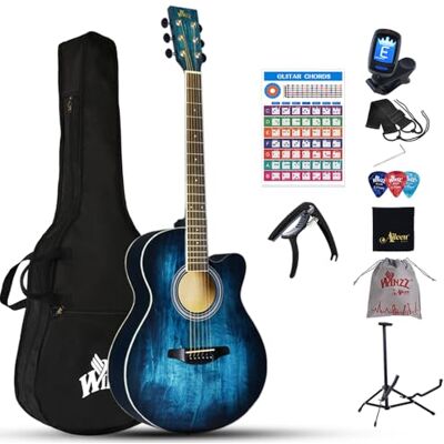 Winzz Guitare acoustique à cordes en acier pour débutants, design élégant et couleur unique (bleu vintage) Winzz Guitare acoustique à cordes en acier pour débutants, design élégant et couleur unique (bleu vintage)